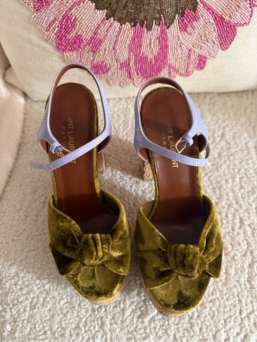 Saint Laurent Bianca Olive Velvet Knot Platforms with Lilac Ankle Straps, EU 36